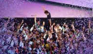 Thomas Mars of band "Phoenix" interacts with the athletes at the closing ceremony of the Paris Olympics - Getty Images